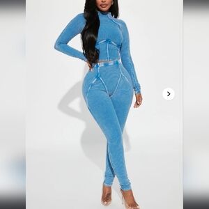 Fashion Nova Blue Ribbed Velvet Matching Legging Set Top New Size Large